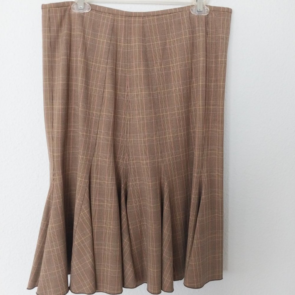 Nine West Y2K Brown and Cream Plaid Flared Flounce Hem Skirt NWOT